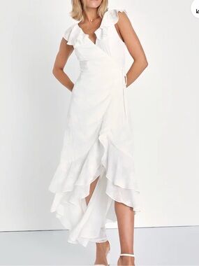 Lulu's White Ruffled High-Low Wrap Dress